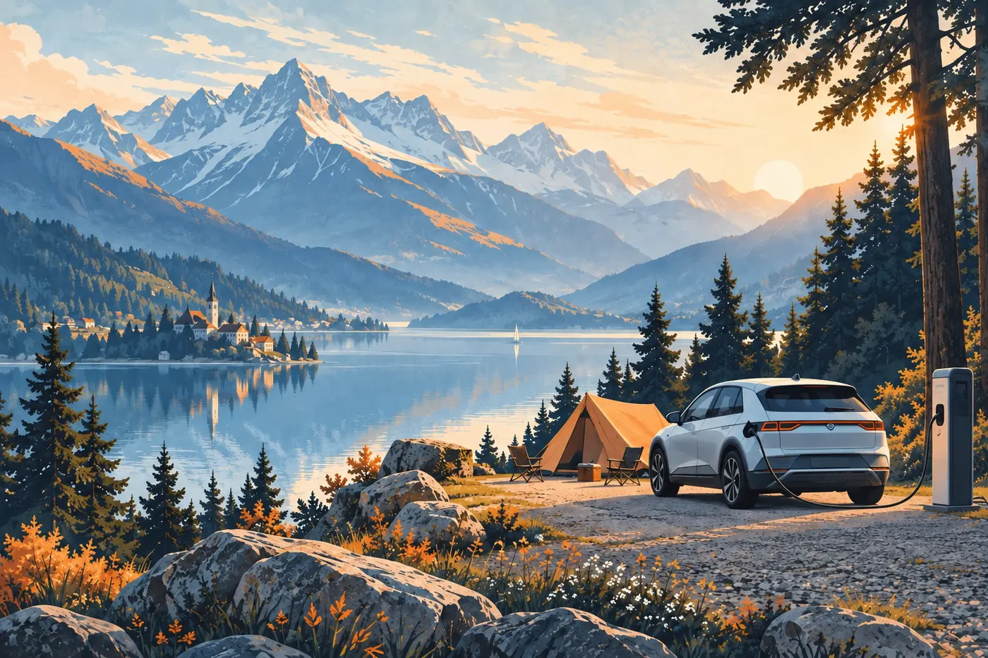 Illustrated lakeside campsite with an electric car, tent and Alpine mountains
